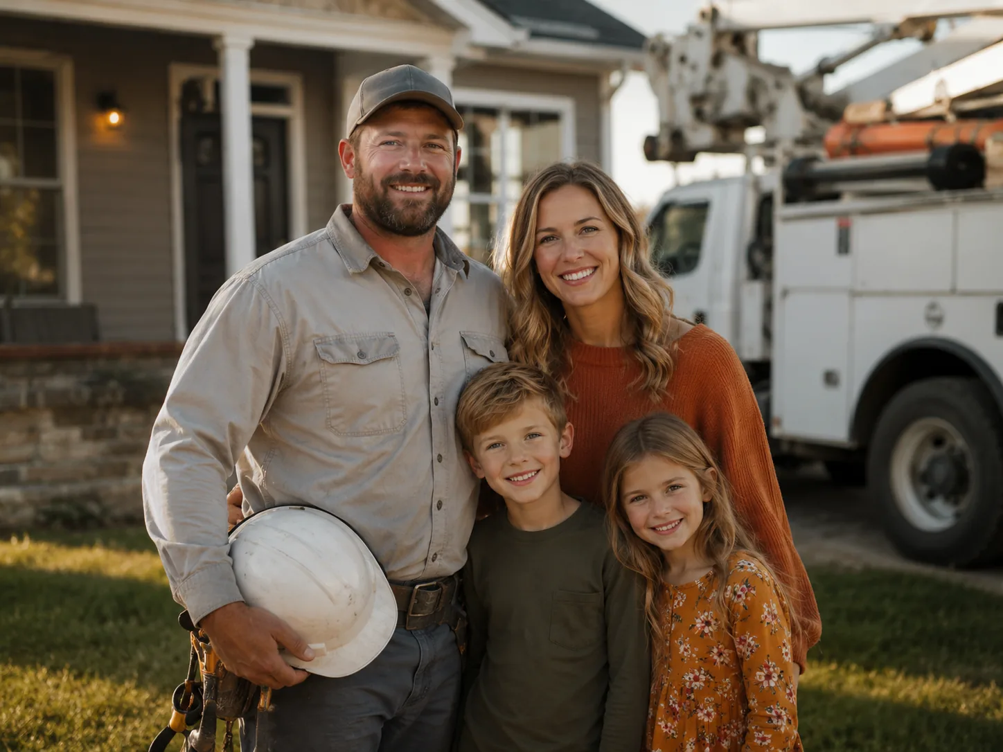 Lineman standing with his family outside their home